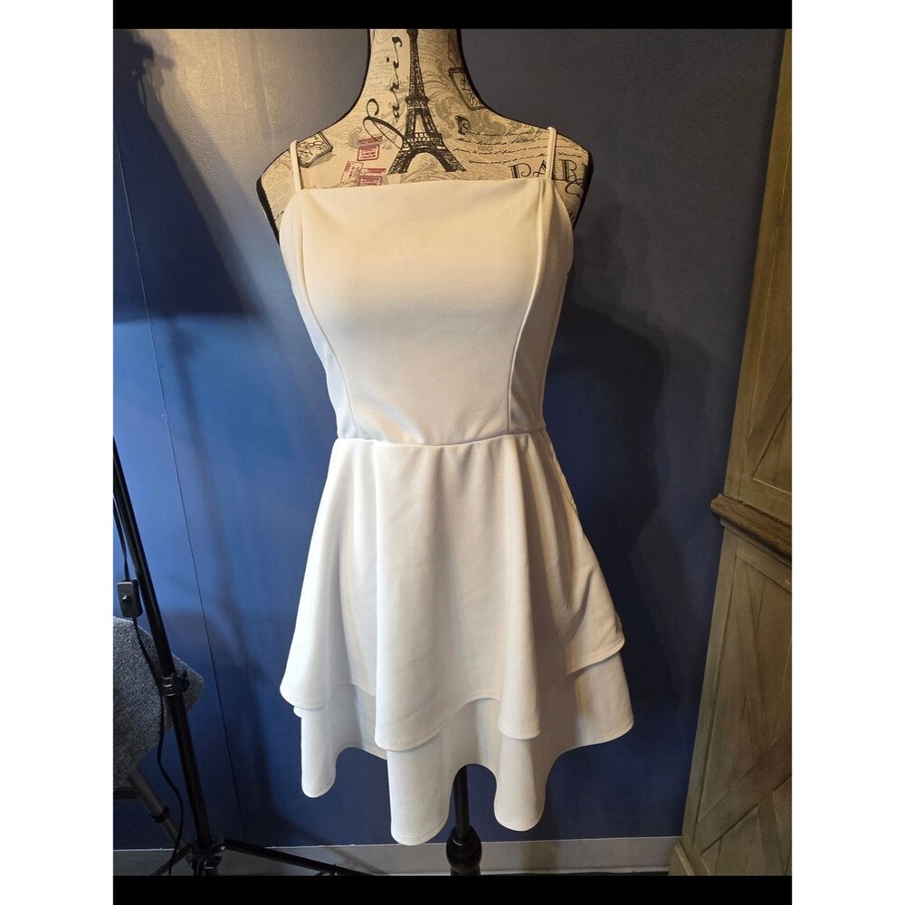 Altar’d State White Tiered Mini Dress Womens L Bow Back Spaghetti Strap